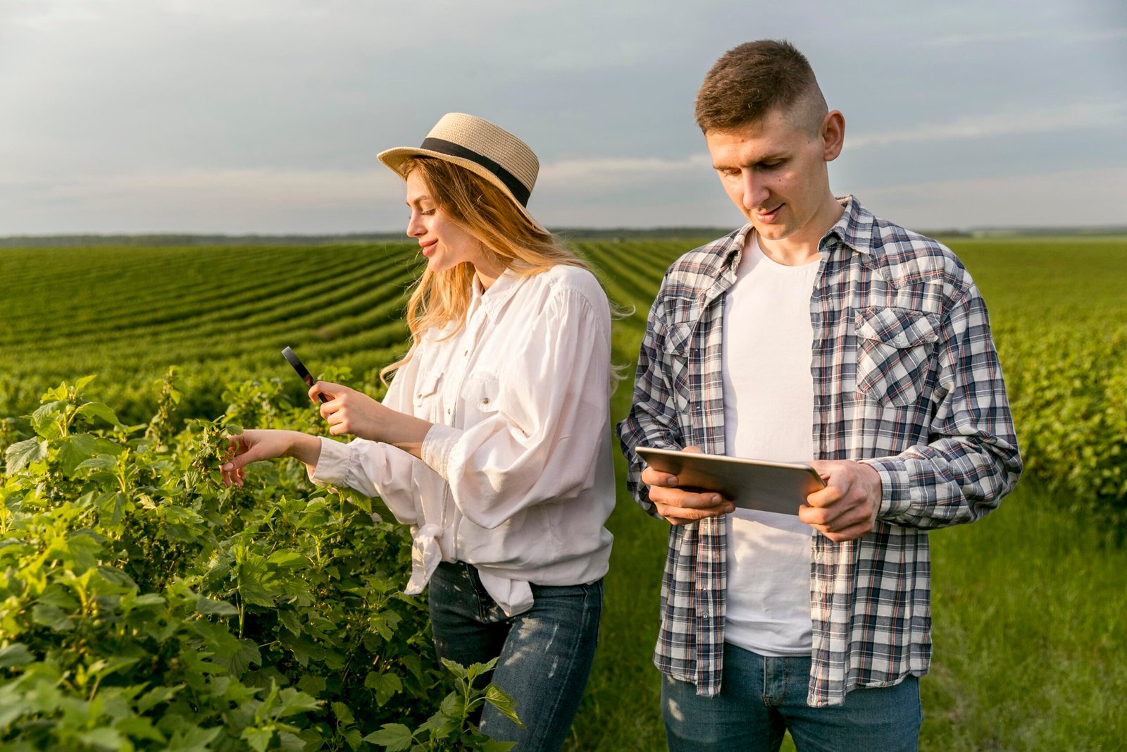 couple farm with tablet